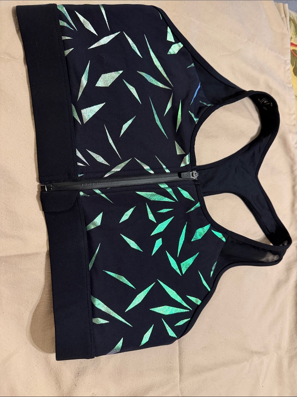 ZYIA Black Sports Bra with Iridescent Green Geometric Print